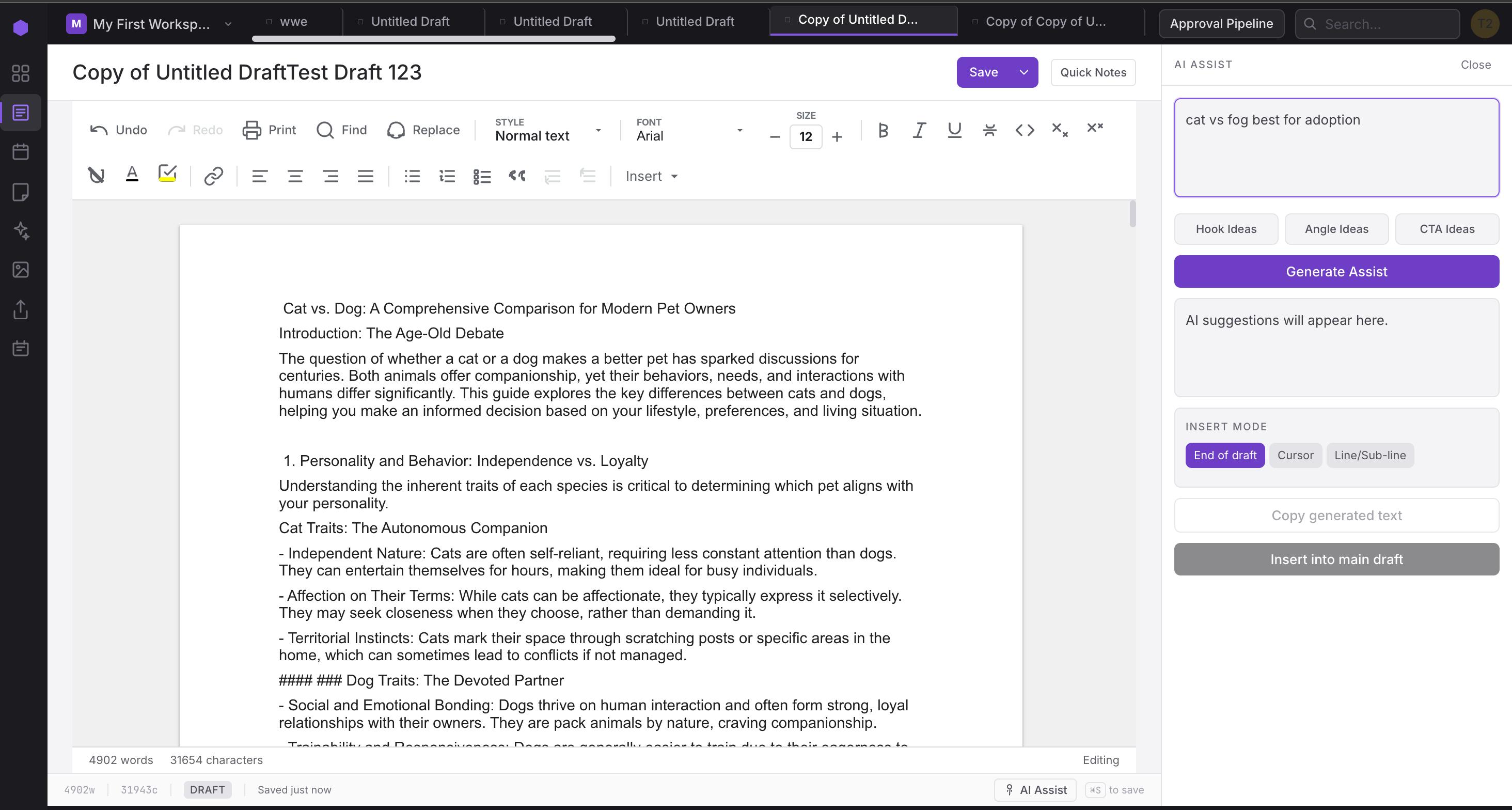 AI Writing interface